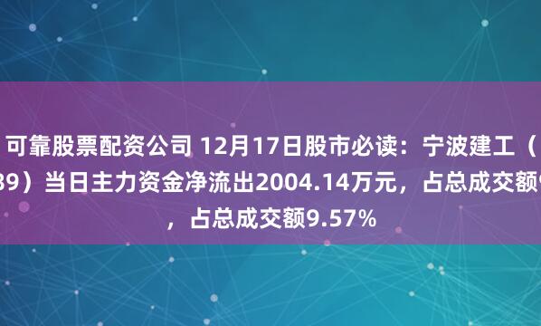 可靠股票配资公司 12月17日股市必读：宁波建工（601789）当日主力资金净流出2004.14万元，占总成交额9.57%